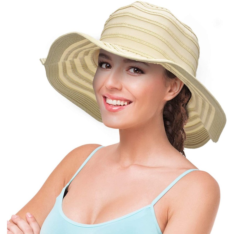 Bucket Hats Women Summer Beach Hat Packable Striped Floppy Wide Brim Sun Protection Travel Hats - Beige1 - CF18D0EX36M $23.98