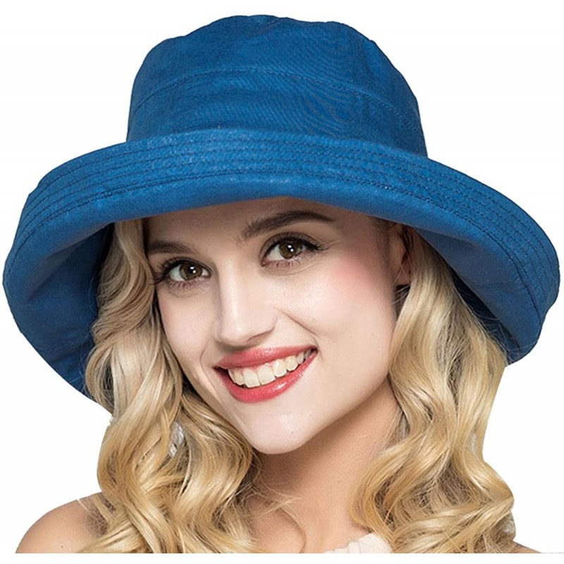 Sun Hats Women's Cotton Bucket Hat Sun Summer Color Beach Caps Big Fold-up Brim - Blue - C517Z5I2QKK $31.52