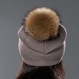 Skullies & Beanies Autumn Unisex Wool Knit Beanie Cap with Fur Ball Pom Pom Winter Hat - Brown With Raccoon Pompom - CG12MXXI...