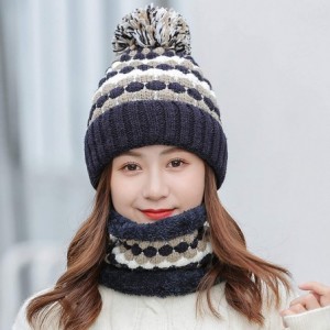 Skullies & Beanies 2 Pcs Knitted Hat Scarf Set for Women Winter Warm Fleece Lined Beanie Hat Ski Hat with Pompom - Navy - CM1...