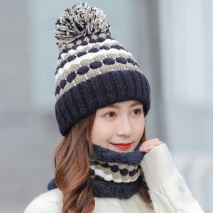 Skullies & Beanies 2 Pcs Knitted Hat Scarf Set for Women Winter Warm Fleece Lined Beanie Hat Ski Hat with Pompom - Navy - CM1...