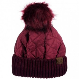 Skullies & Beanies Soft Quilted Puffer Detachable Faux Fur Pom Inner Lined Cuff Beanie Hat - Burgundy - CP18KAL6SZY $36.95