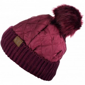 Skullies & Beanies Soft Quilted Puffer Detachable Faux Fur Pom Inner Lined Cuff Beanie Hat - Burgundy - CP18KAL6SZY $18.91