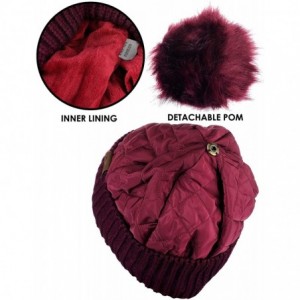 Skullies & Beanies Soft Quilted Puffer Detachable Faux Fur Pom Inner Lined Cuff Beanie Hat - Burgundy - CP18KAL6SZY $18.91
