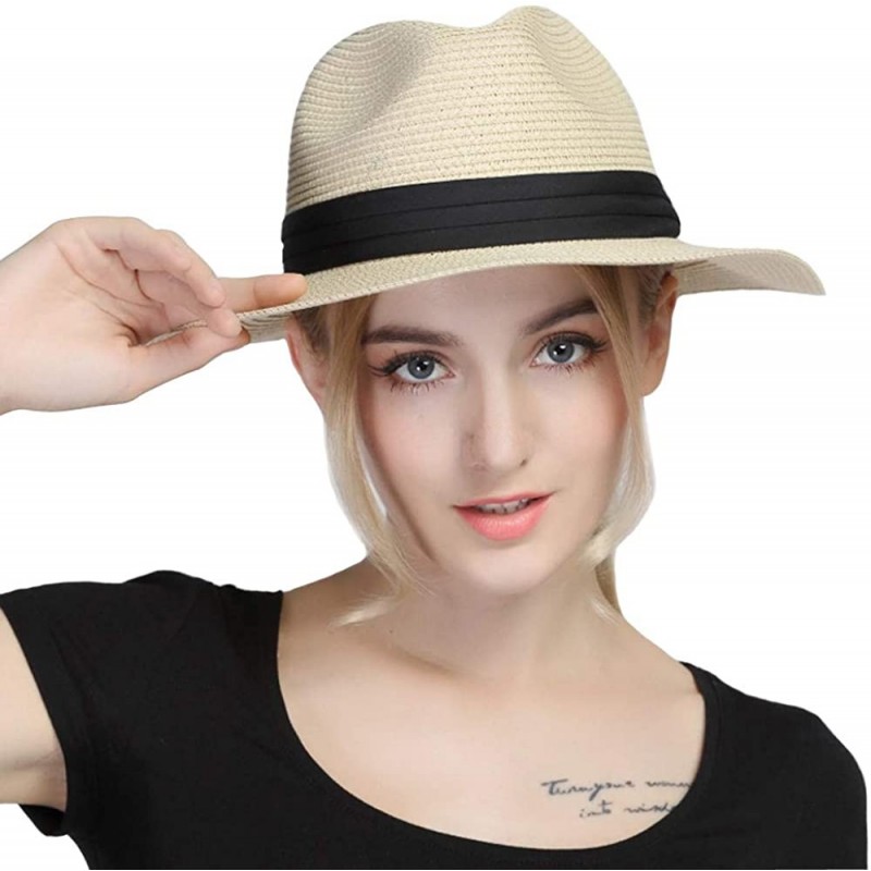 Women Panama Straw Sun Hat Foldable Wide Brim Fedora Beach Sun Caps ...