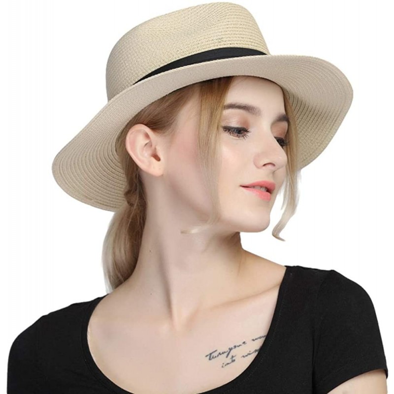 Women Panama Straw Sun Hat Foldable Wide Brim Fedora Beach Sun Caps ...