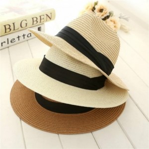 Sun Hats Women Panama Straw Sun Hat Foldable Wide Brim Fedora Beach Sun Caps - Beige - CL18SUI23GH $11.53