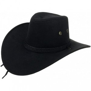Cowboy Hats Mens Faux Felt Western Cowboy Hat Fedora Outdoor Wide Brim Hat with Strap - Black - CI186G47AN4 $35.54