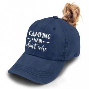 Baseball Caps Unisex Camping Hair Don't Care Vintage Adjustable Baseball Cap Denim Dad Hat - Ponytail Navy - CF18SQ8GWWI $24.83