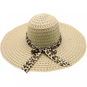 Sun Hats Women Lady Leopard Ribbon Mesh Wide Brim Floppy Beach Hat Straw Hat Sun Hat - Beige - CD18OQS55S9 $18.56