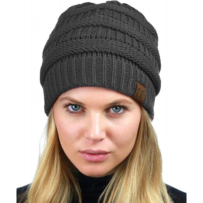 Skullies & Beanies Unisex Chunky Soft Stretch Cable Knit Warm Fuzzy Lined Skully Beanie - Dark Melange Gray - CT187GEQETM $10.68