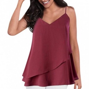 Rain Hats Women's Sexy Tops Fashion Solid Color Small Strap Double Ruffled Camisole Blouse - Red - CA18SR8S23A $14.57