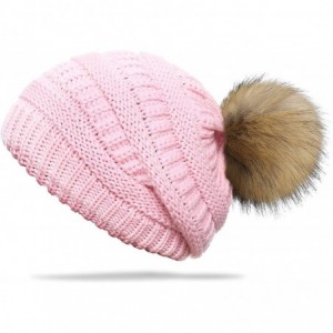 Skullies & Beanies Slouchy Winter Knit Beanie Cap Chunky Faux Fur Pom Pom Hat Bobble Ski Cap - Pink 01 - CJ18E8TSIE4 $27.10