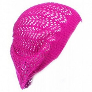 Berets Womens Knit Beanie Beret Hat Lightweight Fashion Accessory Crochet Cutouts - Fuchsia Pink Net - CU182SU99KL $26.52