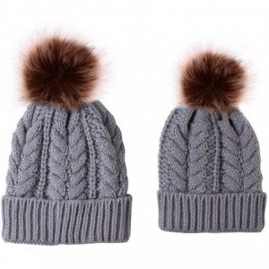 Skullies & Beanies 2PCS Mother-Baby Knit Warm Hat Winter Parent-Child Hat Crochet Beanie Ski Cap Faux Fur Pom Pom - 05 - Blue...