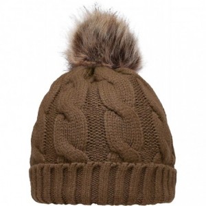 Skullies & Beanies Women's Winter Ribbed Knit Faux Fur Pompoms Chunky Lined Beanie Hats - A Twist Brown - CB184ROZ0UY $8.60
