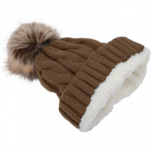 Skullies & Beanies Women's Winter Ribbed Knit Faux Fur Pompoms Chunky Lined Beanie Hats - A Twist Brown - CB184ROZ0UY $8.60
