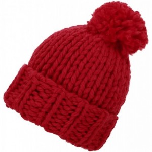 Skullies & Beanies Womens Super Soft Warm Chunky Cable Faux Fur Pompom Knit Beanie Hat - Red - CW182W6ZO5O $21.02