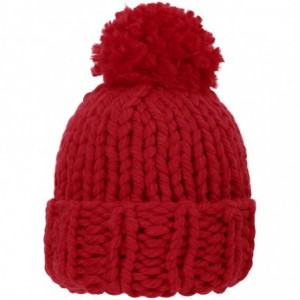 Skullies & Beanies Womens Super Soft Warm Chunky Cable Faux Fur Pompom Knit Beanie Hat - Red - CW182W6ZO5O $9.48