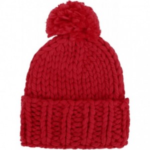 Skullies & Beanies Womens Super Soft Warm Chunky Cable Faux Fur Pompom Knit Beanie Hat - Red - CW182W6ZO5O $9.48