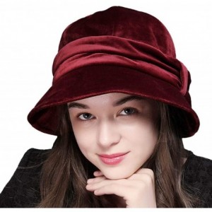 Fedoras Womens Velvet Hats Wide Brim Fedora Bowler Cap Cloche Elegant Church Hat - Wine Red - CD18L42ESK0 $57.37