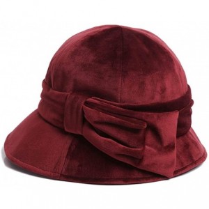 Fedoras Womens Velvet Hats Wide Brim Fedora Bowler Cap Cloche Elegant Church Hat - Wine Red - CD18L42ESK0 $32.78