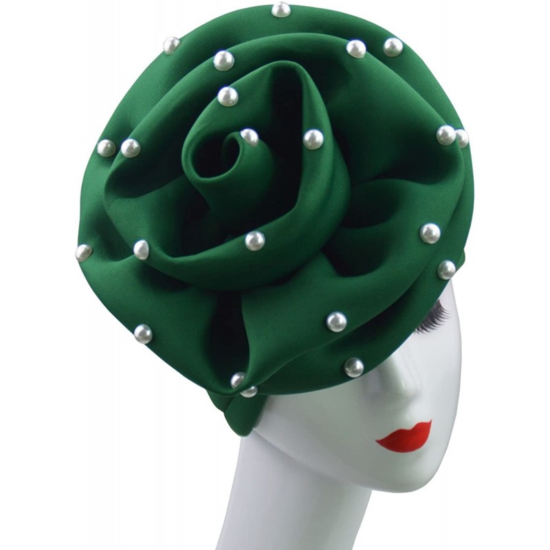 Skullies & Beanies Nigerian gele Hats with Pearl Handmade African Hele Turban Cap - Green - CN18G9DDI2W $18.93
