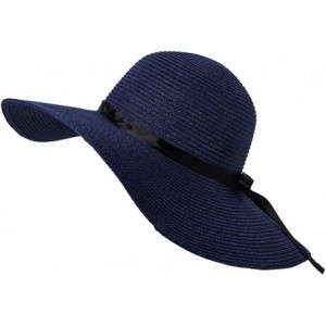 Sun Hats Womens Wide Brim Sun Bowknot Beach Hat Packable Sun Protection Straw Hat UPF50 - Navy - CO18QMQXXHW $26.93