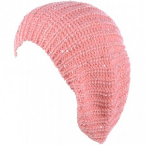 Berets Women's Fall French Style Cable Knit Beret Hat W/Sequin/Wooden Button - Coral Pink - C91982R50TT $26.26