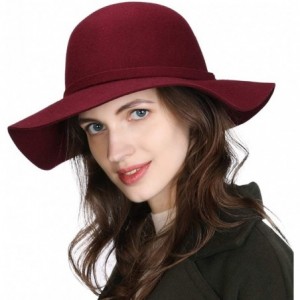 Fedoras Womens 100% Wool Felt Fedora Hat Wide Brim Floppy/Porkpie Style - 16078burgundy - C318IL9T6EI $52.61