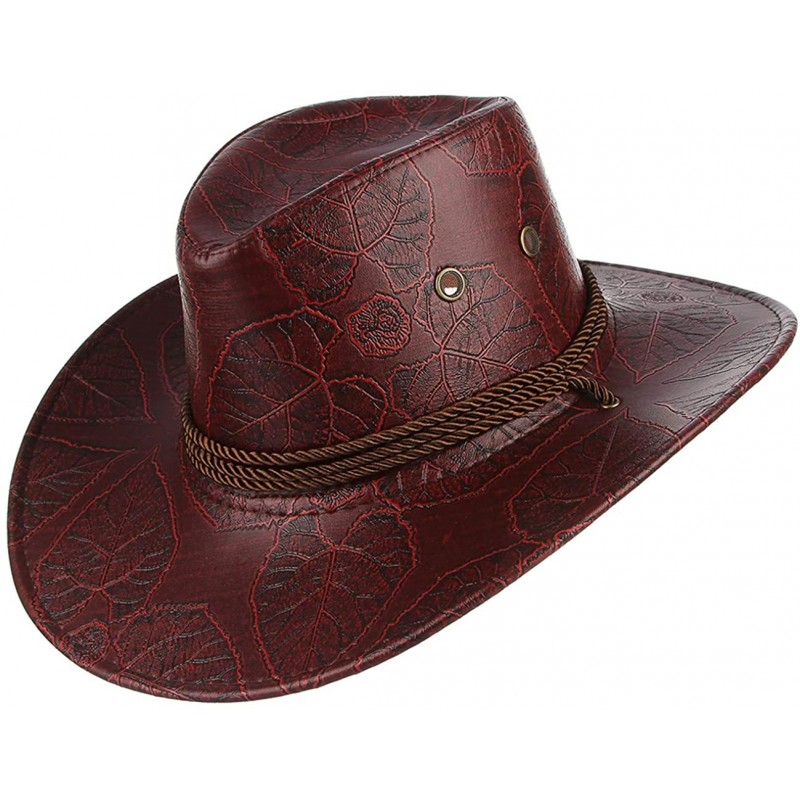 Cowboy Hats Men Women's Western PU Leather Cowboy Hat Wide Brim Outback Hat UV Protection - Wine Red - C718QTKK72H $7.75