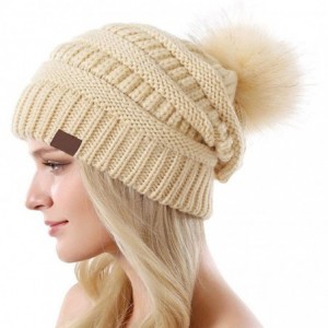 Skullies & Beanies Womens Winter Knit Slouchy Beanie Hat Warm Skull Ski Cap Faux Fur Pom Pom Hats for Women - Beige - CG18Z2K...