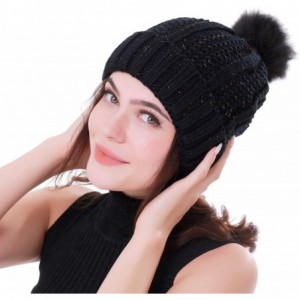 Skullies & Beanies Women Winter Soft Warm Ski Cap Knit Slouchy Beanie Chunky Baggy Hat with Faux Fur Pompom - Black - CV18YG8...