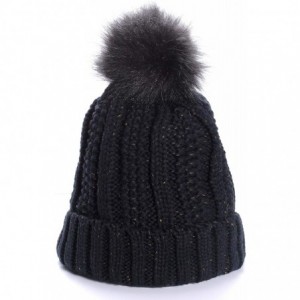 Skullies & Beanies Women Winter Soft Warm Ski Cap Knit Slouchy Beanie Chunky Baggy Hat with Faux Fur Pompom - Black - CV18YG8...