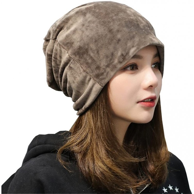 Skullies & Beanies Women's Velvet Beanies Winter Korean Fashion Hats Cap Warm Stretch Skully - Khaki - CG186Q857WW $10.25