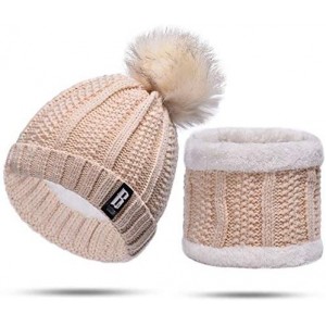 Skullies & Beanies Women Winter Knit Slouchy Beanie Chunky Baggy Hat with Faux Fur Pompom Soft Warm Ski Cap and Scarf - Beige...