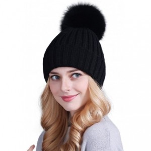 Skullies & Beanies Winter Women's Genuine Fox Fur Pom Pom Trend Wool Knitted Beanie Hat - Black - CM186K22XX0 $13.83