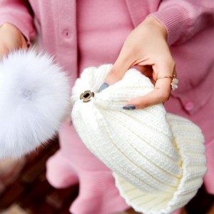 Skullies & Beanies Winter Women's Genuine Fox Fur Pom Pom Trend Wool Knitted Beanie Hat - Black - CM186K22XX0 $13.83