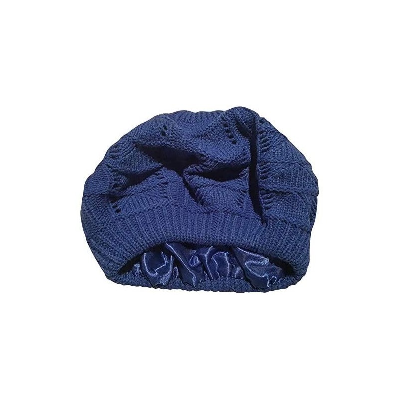 Berets Slouchy Satin Lined Knit Beret - Great for Natural Hair! - Navy Blue - C3193I66YLI $11.48