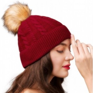 Skullies & Beanies Beanie Hats for Women Slouchy Style Winter Hat with Faux Fur Pom Pom Hats - New-wine Red - CH189OUIUNT $28.54