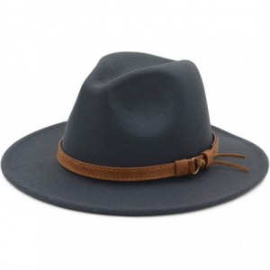 Fedoras Classic Wide Brim Women Men Fedora Hat with Belt Buckle Felt Panama Hat - Gray - CN18ZCQ28XQ $28.92