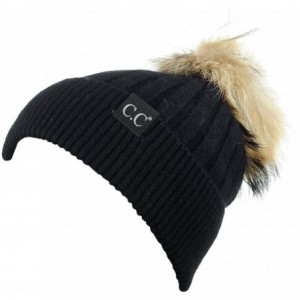 Skullies & Beanies Angora Knit Natural Fox Fur Pom Cuff Beanie Hat w/Black Label - Black - C512N9OXPHL $55.88