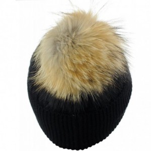 Skullies & Beanies Angora Knit Natural Fox Fur Pom Cuff Beanie Hat w/Black Label - Black - C512N9OXPHL $49.96