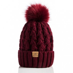 Skullies & Beanies Womens Winter Ribbed Beanie Crossed Cap Chunky Cable Knit Pompom Soft Warm Hat - Maroon - CO18WKONQA8 $15.10