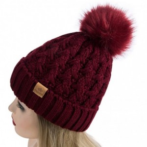 Skullies & Beanies Womens Winter Ribbed Beanie Crossed Cap Chunky Cable Knit Pompom Soft Warm Hat - Maroon - CO18WKONQA8 $29.50