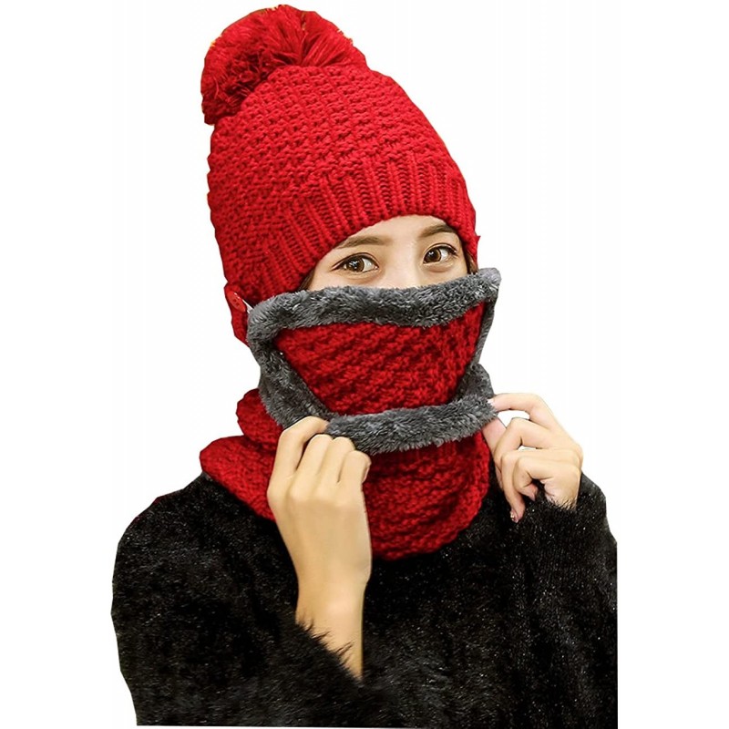 Cold Weather Headbands Women's Winter Knit Hat Crochet Ski Cap Pom Pom Ears Cold-proof Hat - 002-red - CT187CHKDHQ $46.81