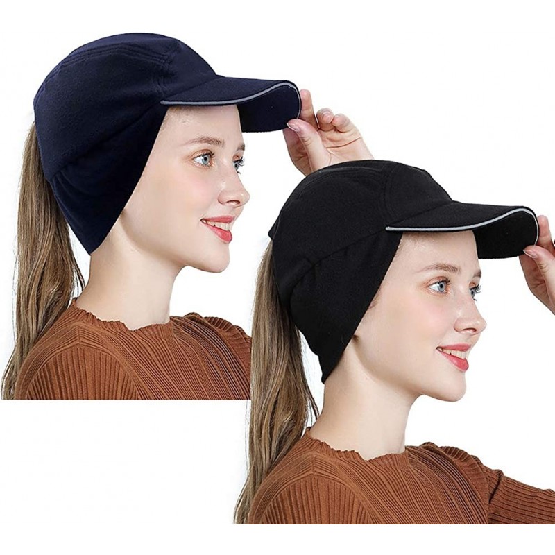 Baseball Caps Womens Winter Fleece Ponytail Cap with Drop Down Ear Warmer Messy Bun Baseball hat - 2pcs Black+blue - CZ18AHHX...
