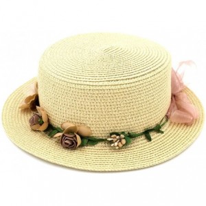 Sun Hats Women Summer Straw Boater Hat Beach Round Top Caps Wedding Flower Garland Band - Beige - CQ183S5Q787 $23.97