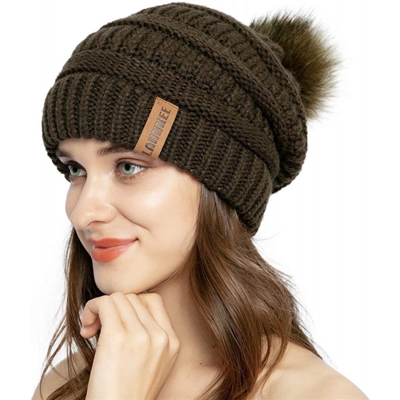 Women Knit Beanie hat with Faux Fur Pom Pom Hats Thick Soft Warm ...