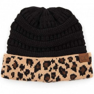 Skullies & Beanies Women Classic Solid Color with Leopard Cuff Beanie Skull Cap - A Black - CD18XTQ2Z5T $32.29